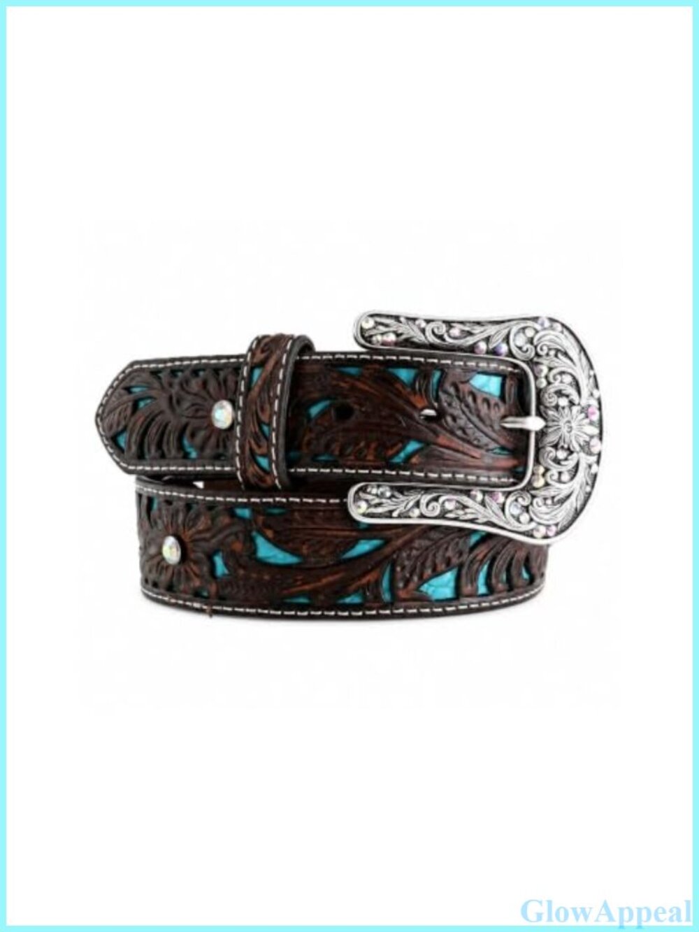 Genuine Leather Western Belt Turquoise Inlay Floral Rhinestone Buckle